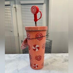 Peppermint Candy Rhinestone Doubled Wall Stainless Steel Christmas Tumbler -24oz